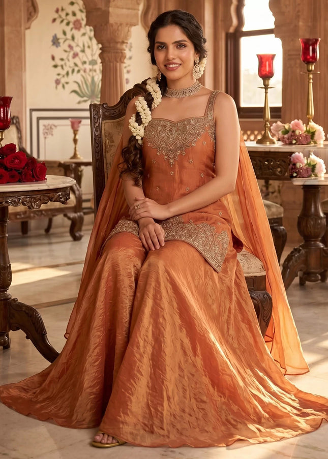 Orange Embroidered Sharara Suit