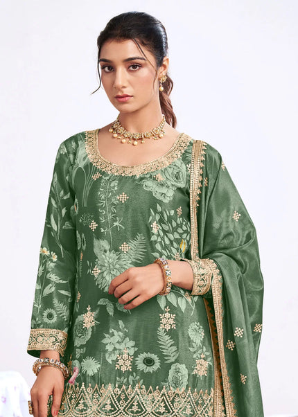 Green Printed and Embroidered Sharara Suit