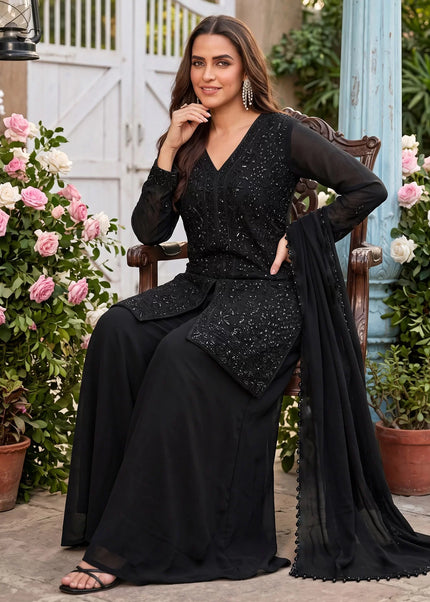 Black Embroidered Sharara Suit