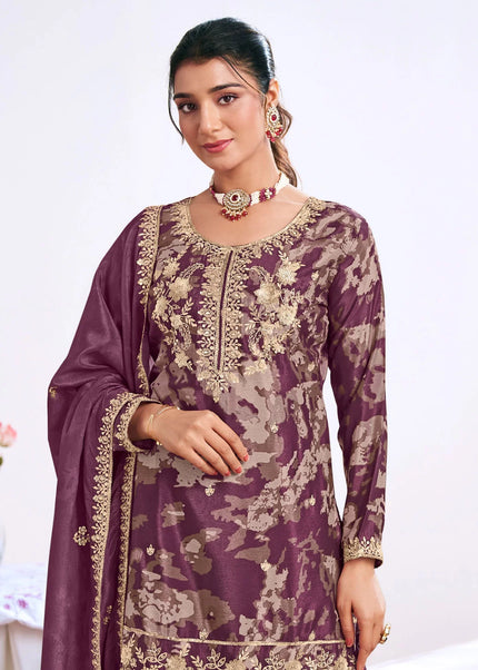 Purple Printed and Embroidered Sharara Suit