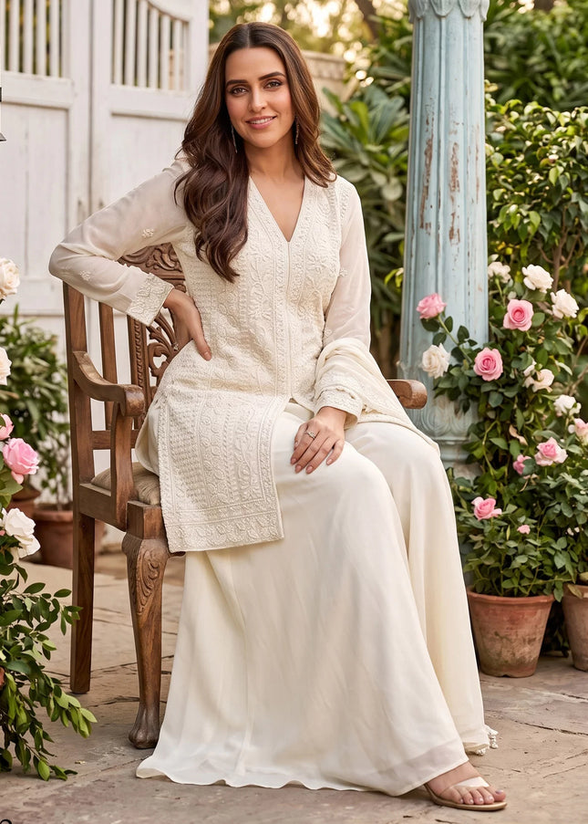 White Embroidered Sharara Suit