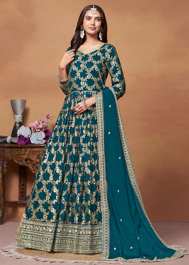 Blue and Gold Embroidered Anarkali