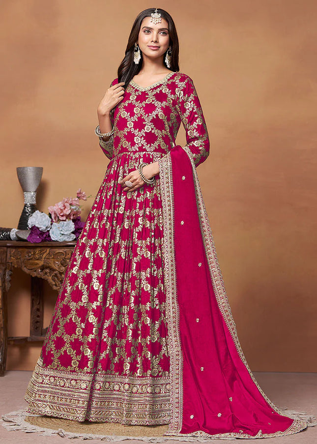 Redish Pink and Gold Embroidered Anarkali