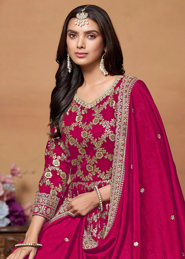 Redish Pink and Gold Embroidered Anarkali