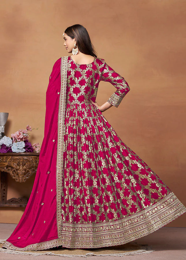 Redish Pink and Gold Embroidered Anarkali