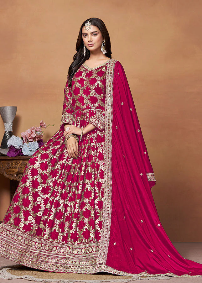 Redish Pink and Gold Embroidered Anarkali