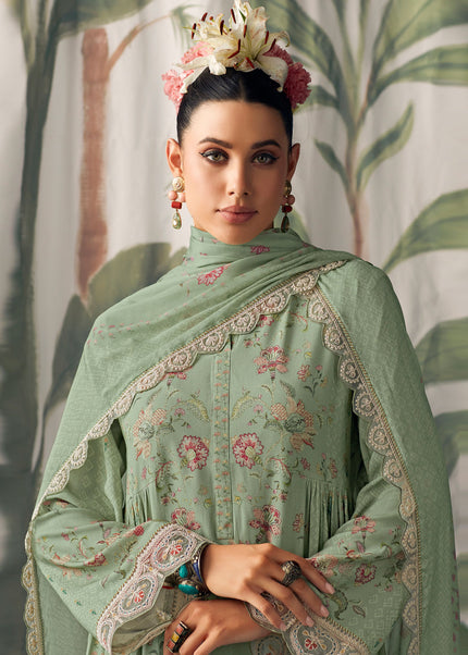Sea Green Muslin Printed + Embroidered Pant Suit