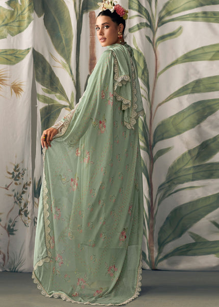 Sea Green Muslin Printed + Embroidered Pant Suit