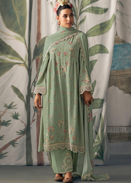 Sea Green Muslin Printed + Embroidered Pant Suit