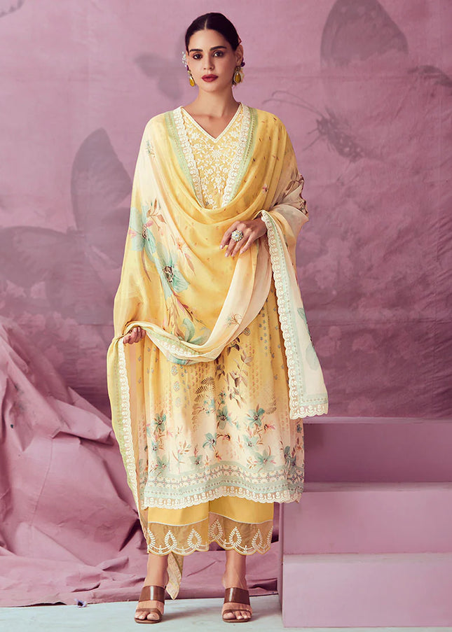 Yellow Embroidered and Digital Printed Pant Style Suit