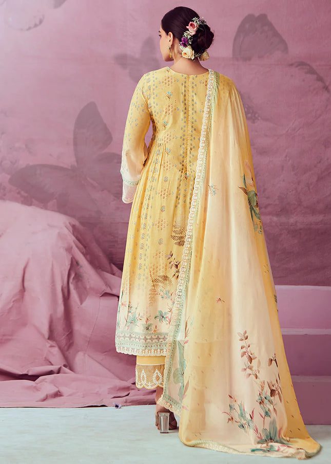 Yellow Embroidered and Digital Printed Pant Style Suit