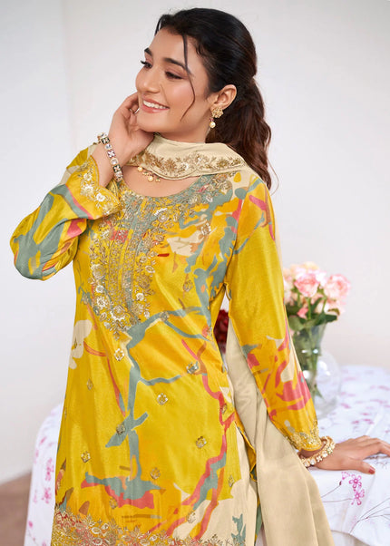 Yellow and Cream Printed and Embroidered Sharara Suit