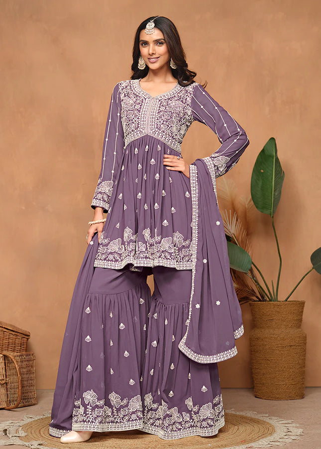 Purple Embroidered Gharara Suit