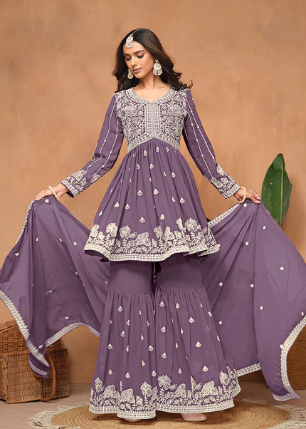 Purple Embroidered Gharara Suit