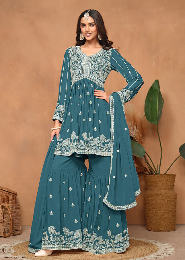 Turquoise Embroidered Gharara Suit