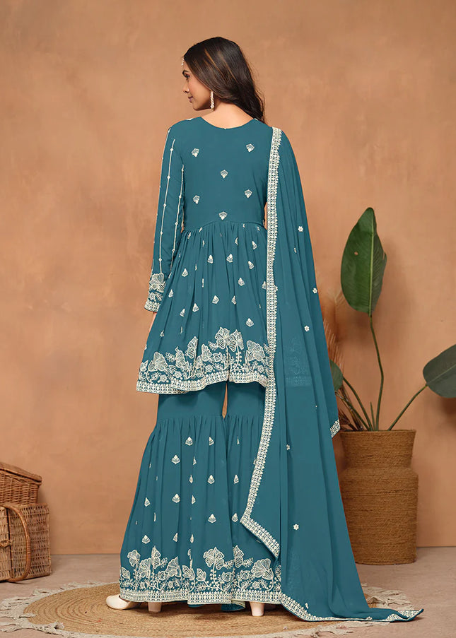 Turquoise Embroidered Gharara Suit