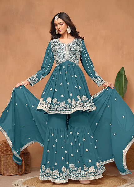 Turquoise Embroidered Gharara Suit