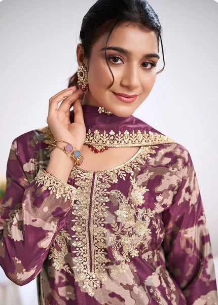 Purple Printed and Embroidered Sharara Suit