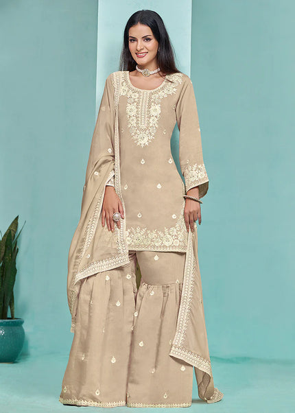 Beige Embroidered Gharara Suit