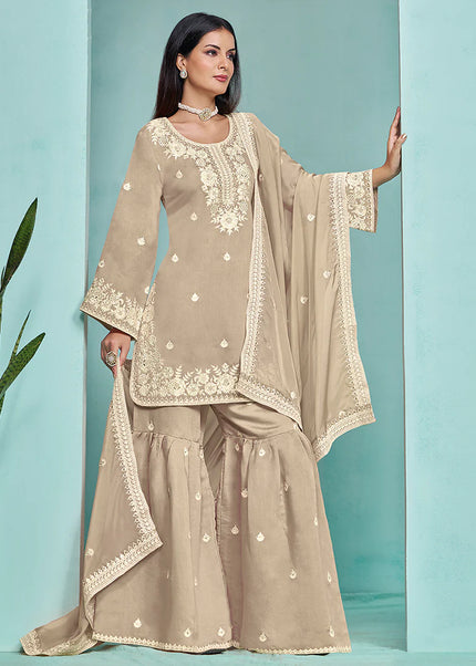 Beige Embroidered Gharara Suit