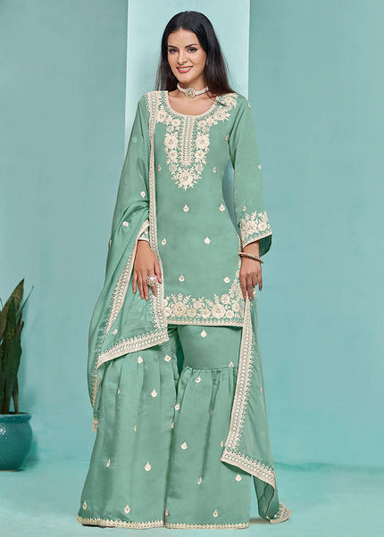 Sea Green Embroidered Gharara Suit