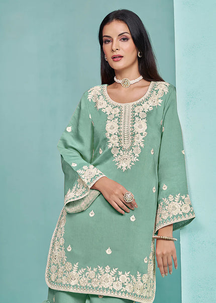 Sea Green Embroidered Gharara Suit