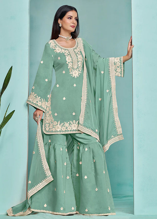 Sea Green Embroidered Gharara Suit