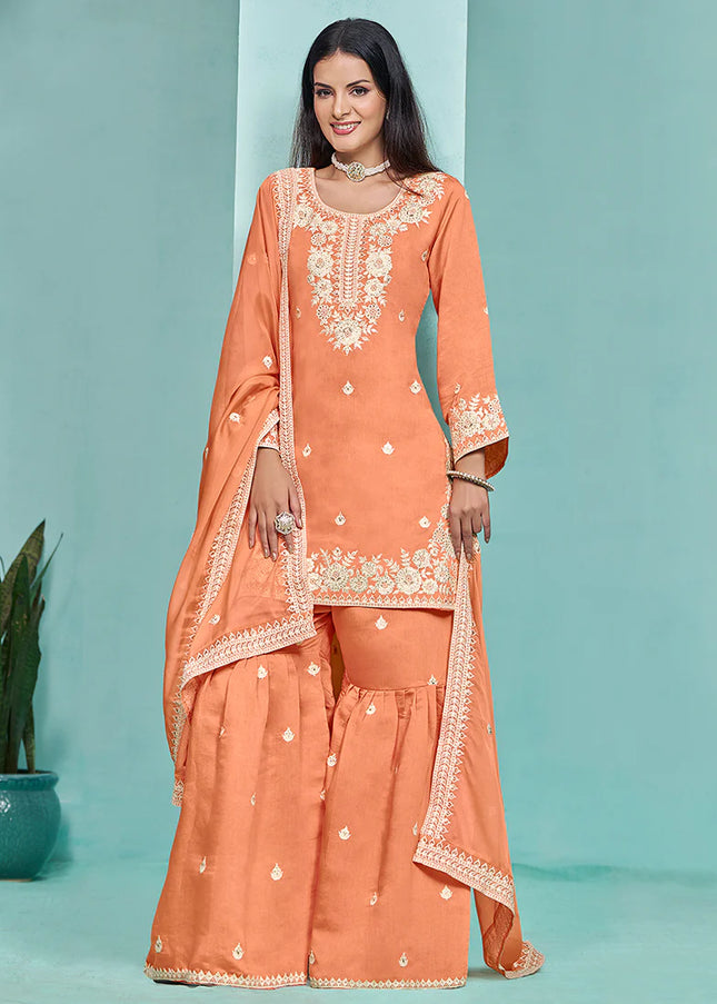 Peach Embroidered Gharara Suit