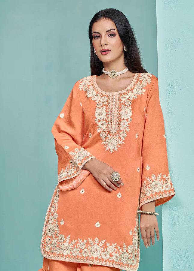 Peach Embroidered Gharara Suit