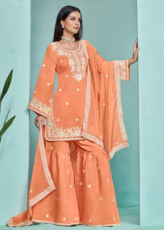 Peach Embroidered Gharara Suit