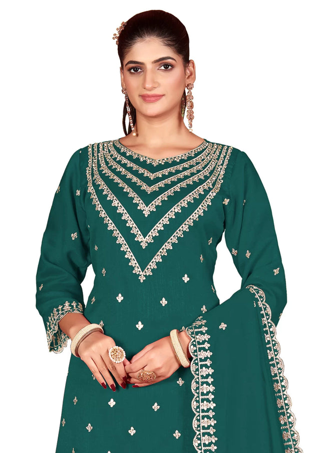 Green Embroidered Palazzo Suit