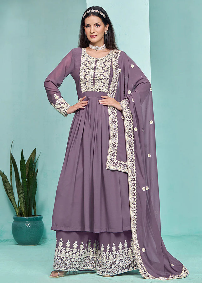 Purple Embroidered Palazzo Suit