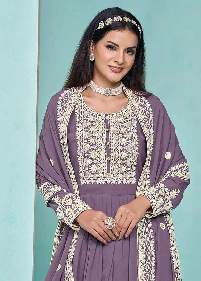 Purple Embroidered Palazzo Suit