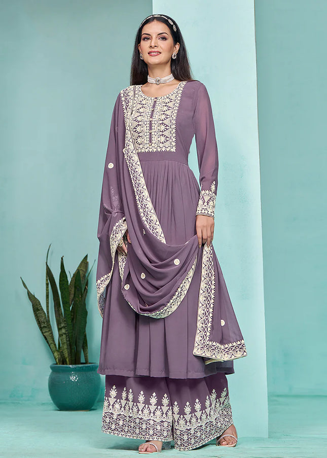 Purple Embroidered Palazzo Suit