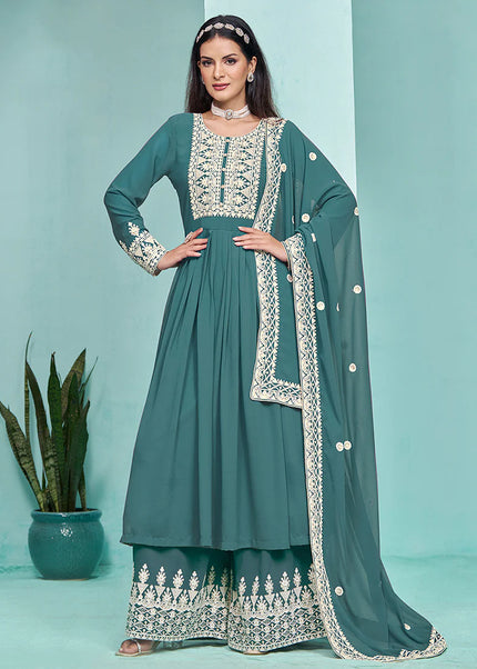 Turquoise Embroidered Palazzo Suit