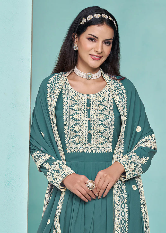 Turquoise Embroidered Palazzo Suit