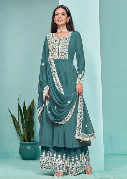 Turquoise Embroidered Palazzo Suit