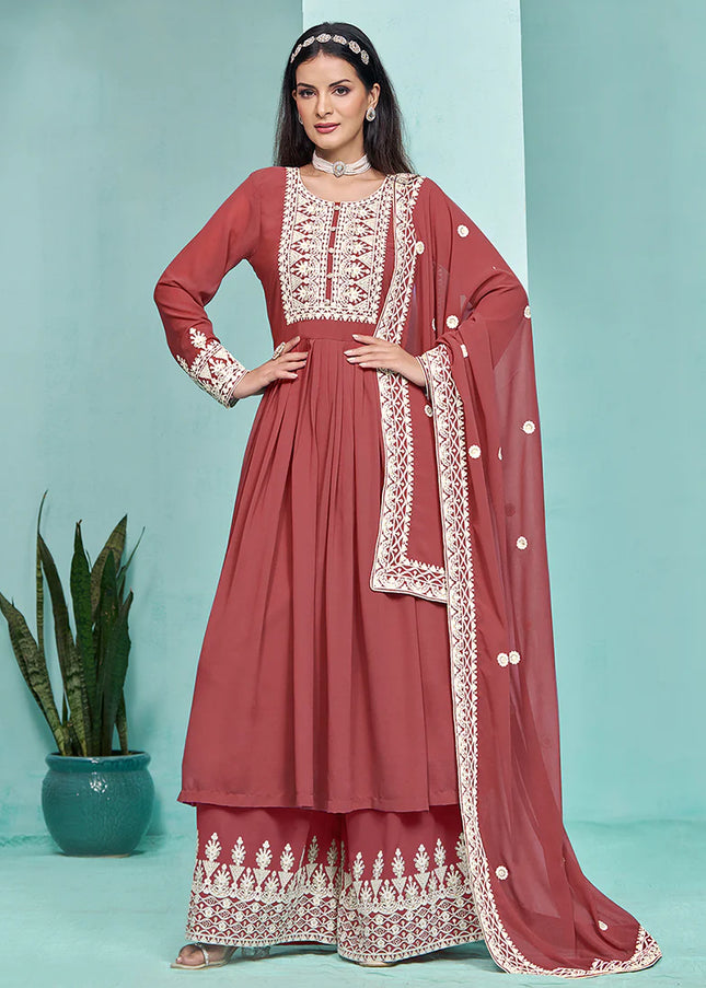 Rust Embroidered Palazzo Suit