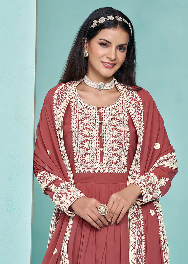 Rust Embroidered Palazzo Suit