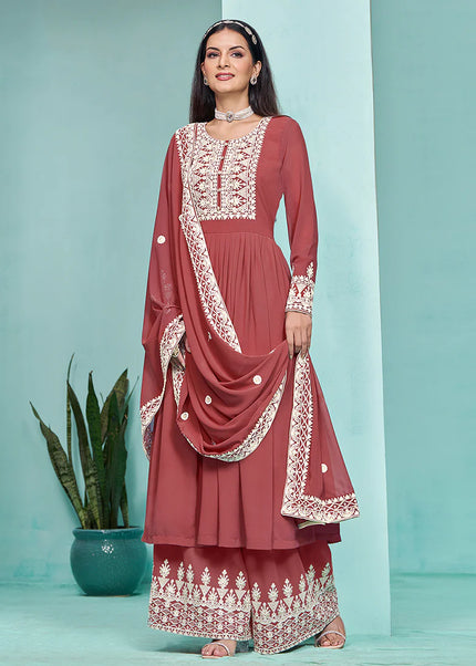 Rust Embroidered Palazzo Suit