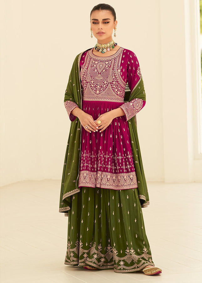 Magenta and Green Embroidered Sharara Suit