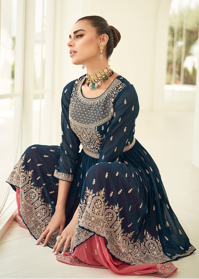 Teal and Peach Embroidered Sharara Suit