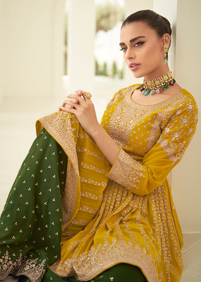 Yellow and Green Embroidered Sharara Suit