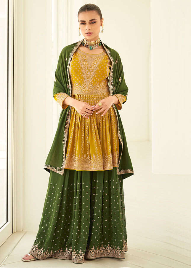Yellow and Green Embroidered Sharara Suit