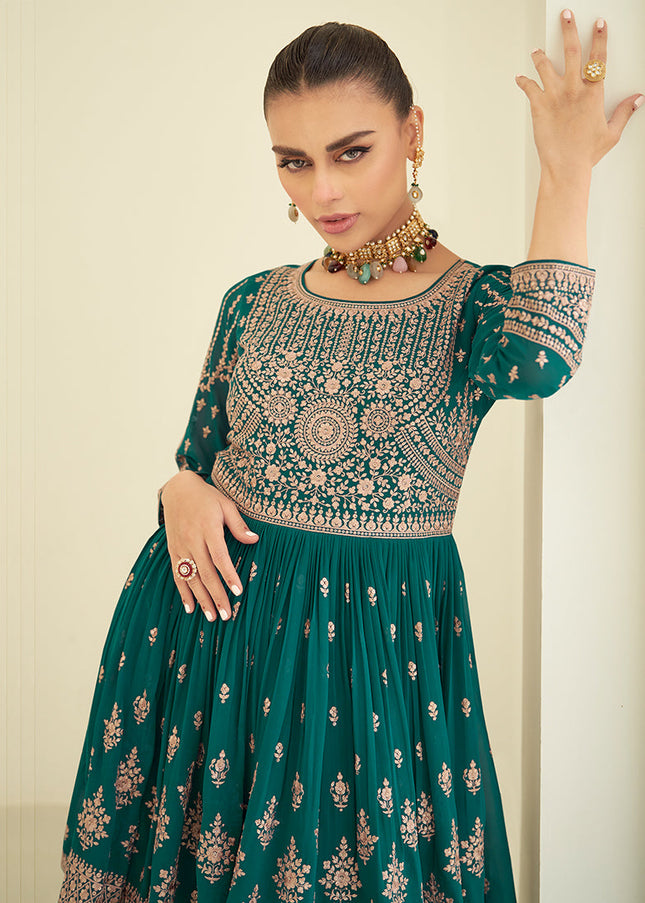 Green and Blue Embroidered Sharara Suit