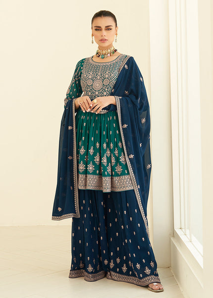 Green and Blue Embroidered Sharara Suit