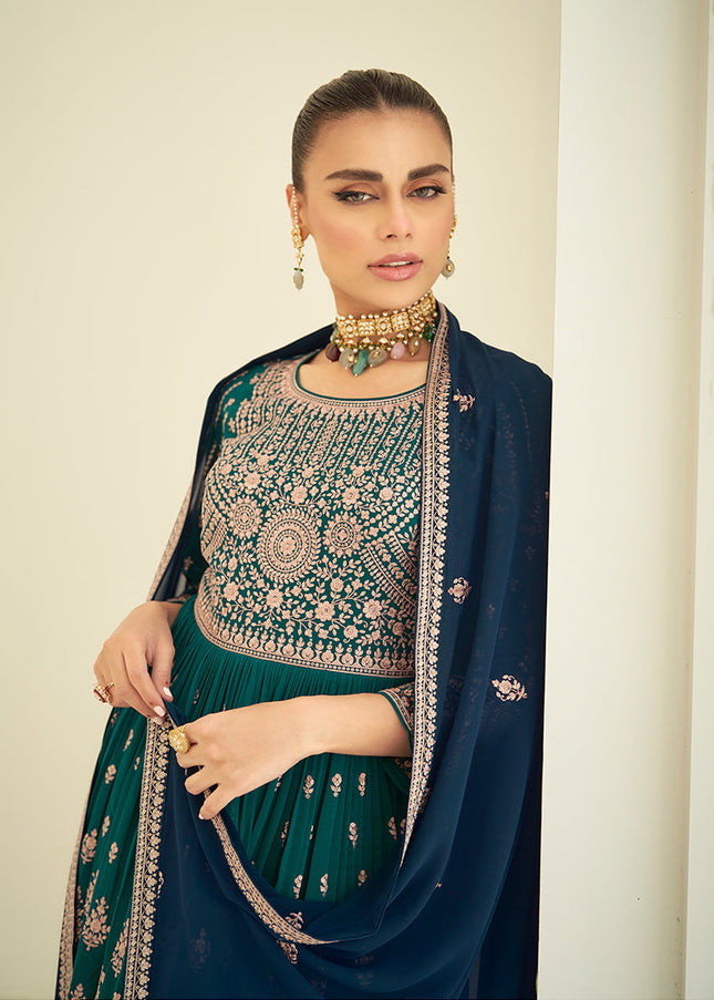 Green and Blue Embroidered Sharara Suit