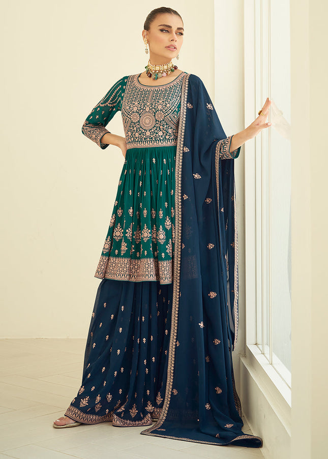 Green and Blue Embroidered Sharara Suit