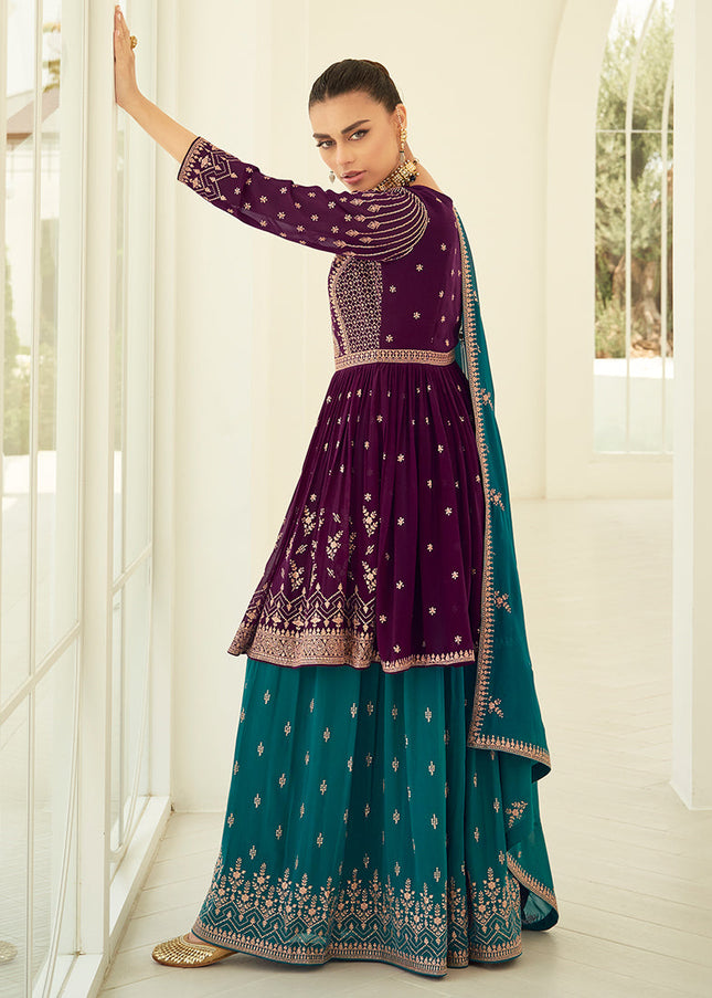 Purple and Teal Blue Embroidered Sharara Suit