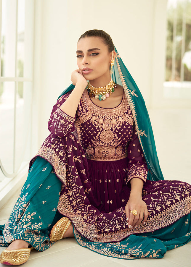 Purple and Teal Blue Embroidered Sharara Suit